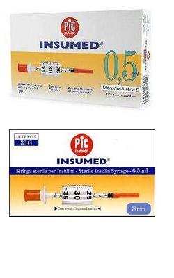 SIRINGA PER INSULINA PIC INSUMED 0,5 ML 100 UI AGO GAUGE 30 LUNGHEZZA 8 MM SENZA SPAZIO MORTO 3 SACCHETTI DA 10 PEZZI - farmaciaverde.it
