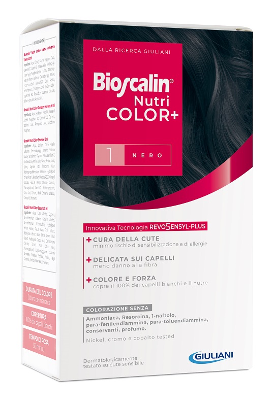 BIOSCALIN NUTRICOLOR PLUS 1 NERO CREMA COLORANTE 40 ML + RIVELATORE CREMA 60 ML + SHAMPOO 12 ML + TRATTAMENTO FINALE BALSAMO 12 ML - farmaciaverde.it