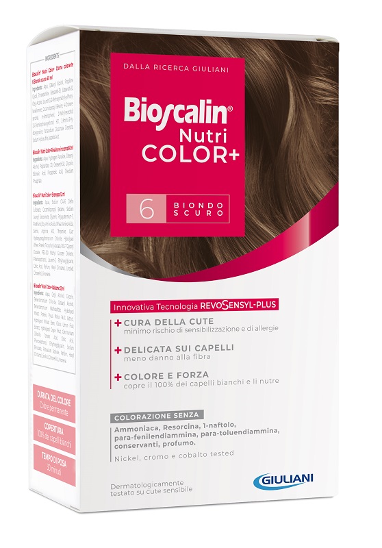 BIOSCALIN NUTRICOLOR PLUS 6 BIONDO SCURO CREMA COLORANTE 40 ML + RIVELATORE CREMA 60 ML + SHAMPOO 12 ML + TRATTAMENTO FINALE BALSAMO 12 ML - farmaciaverde.it