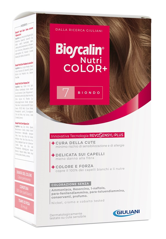 BIOSCALIN NUTRICOLOR PLUS 7 BIONDO CREMA COLORANTE 40 ML + RIVELATORE CREMA 60 ML + SHAMPOO 12 ML + TRATTAMENTO FINALE BALSAMO 12 ML - farmaciaverde.it