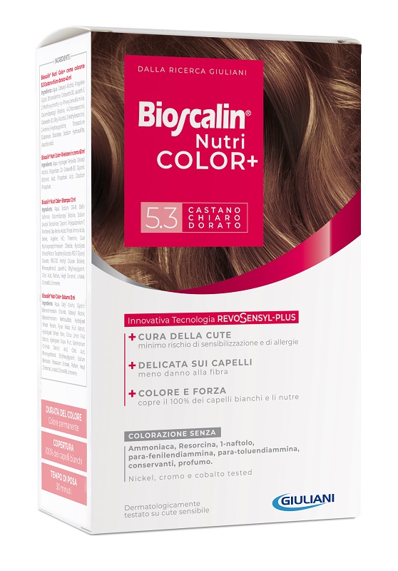 BIOSCALIN NUTRICOLOR PLUS 5,3 CASTANO CHIARO DORATO CREMA COLORANTE 40 ML + RIVELATORE CREMA 60 ML + SHAMPOO 12 ML + TRATTAMENTO FINALE BALSAMO 12 ML - farmaciaverde.it